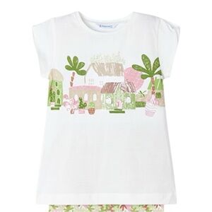 Mayoral Girls White Graphic T-Shirt Village Houses Palm Trees Short Sleeve-7